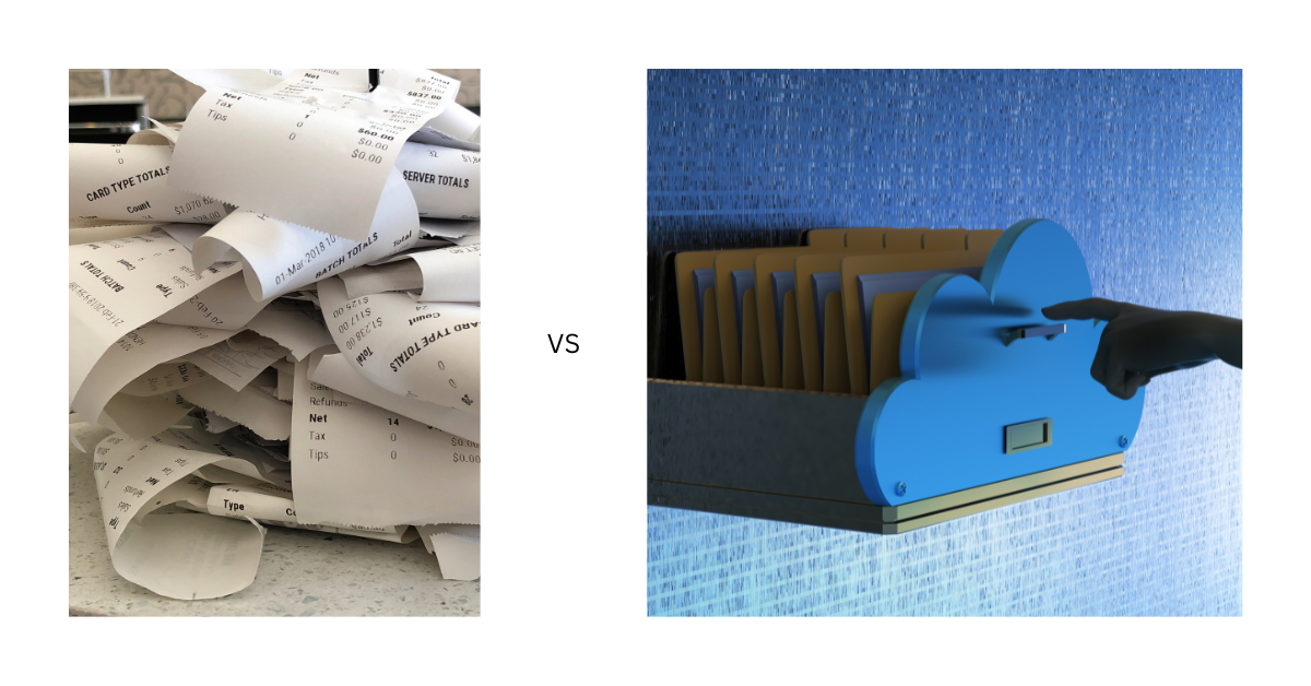 piles of receipts vs cloud organised storage